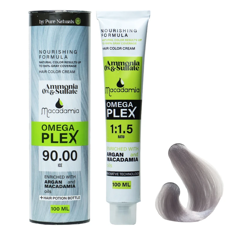 رنگ مو ماکادامیا شماره 90.00 مدل omega plex حجم 100 میلی‌لیتر رنگ یخی