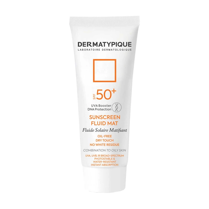 فلوئید ضدآفتاب بی‌رنگ درماتیپیک SPF50 مدل Fluid mat، مناسب پوست‌های چرب و مختلط، حجم 40 میلی‌لیتر