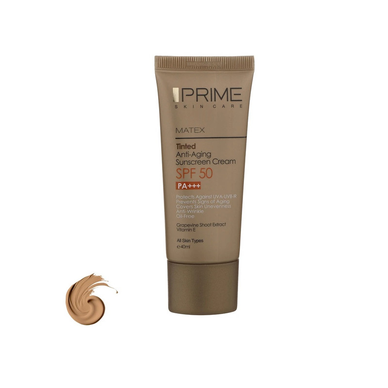 کرم ضد آفتاب رنگی پرایم SPF 50 مدل aging محافظ UVA ،UVB و PA+++، ضد چروک و ضد پیری مناسب انواع پوست حجم 40 میلی لیتر
