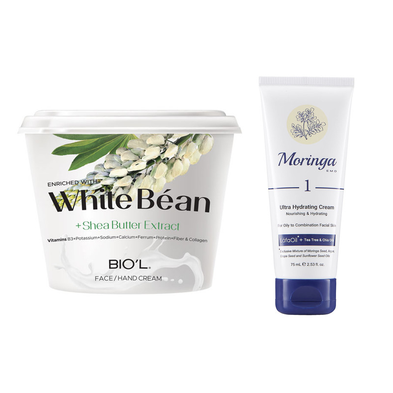 کرم آبرسان مورینگا امو مدل Tee tree حجم 75 میلی لیتر به همراه کرم مرطوب کننده بیول مدل White Bean حجم 250 میلی لیتر