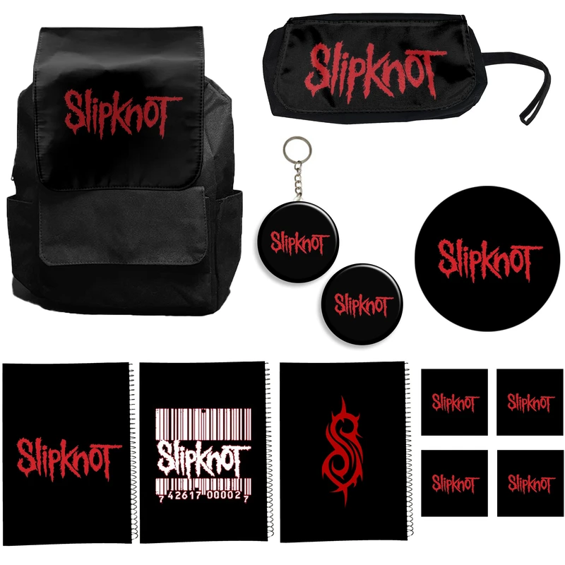 کوله پشتی طرح slipknot کد A3 به همراه دفتر مشق و جامدادی و زیر لیوانی و جاکلیدی مجموعه 12 عددی