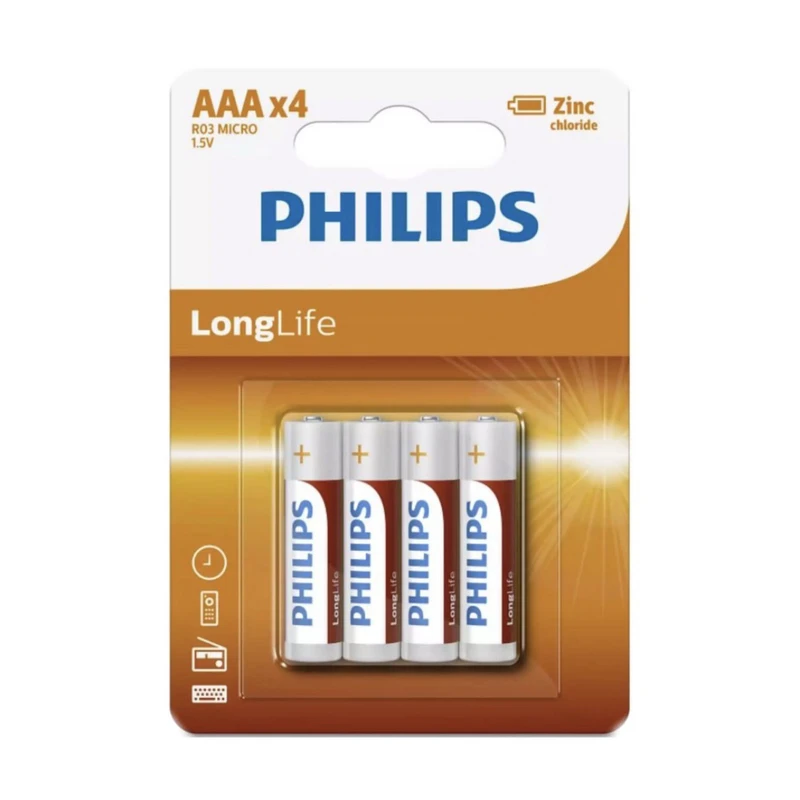 باتری نیم قلمی فیلیپس مدل LongLife کد R03L4B/10 بسته 4 عددی