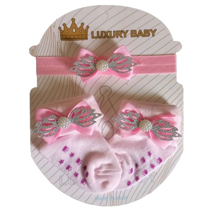 ست هدبند و جوراب نوزادی مدل LUXURBY کد 06 رنگ صورتی