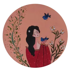 بشقاب دیوارکوب سفالی مدل دختر و پرنده