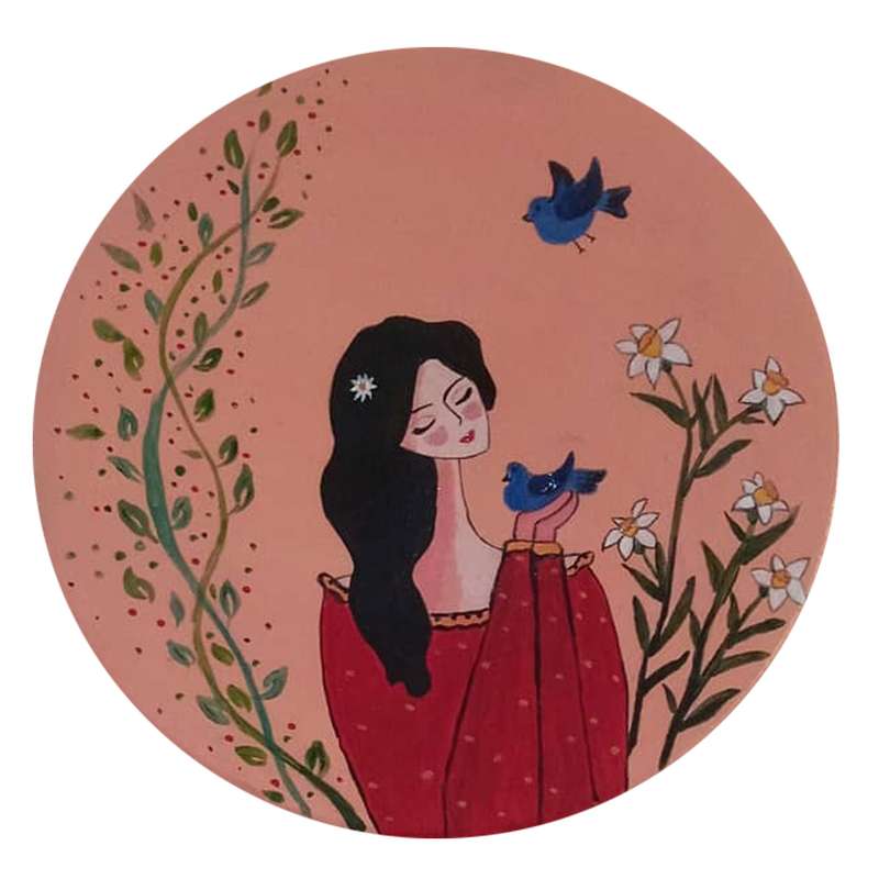 بشقاب دیوارکوب سفالی مدل دختر و پرنده