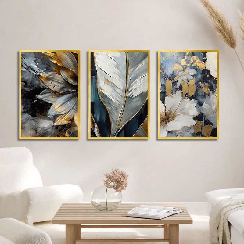 تابلو بکلیت طرح نقاشی رنگ روغن گل و برگ مدل T-3119 مجموعه 3 عددی