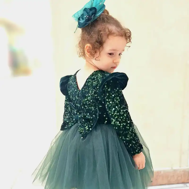 ست پیراهن و گیره مو دخترانه مدل پولکی مجلسی مهمانی آستین دار رنگ سبز