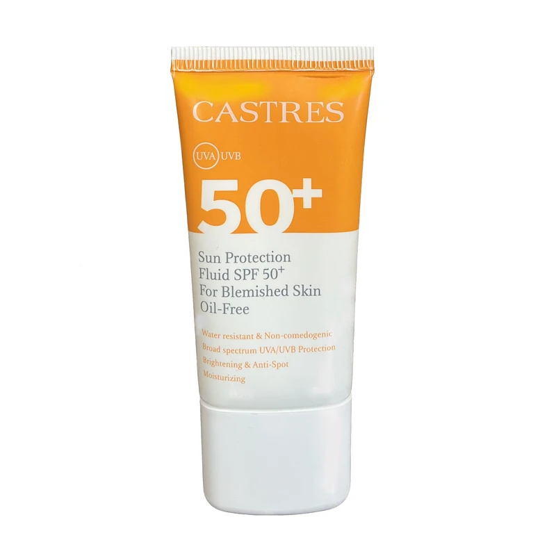 فلوئید ضد آفتاب بدون رنگ صورت کسترز SPF50 مدل Blemished 02 محافظ UVA،UVB مناسب برای پوست چرب حجم 50 میلی لیتر