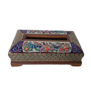 جعبه دستمال کاغذی خاتم کاری مدل گل و مرغ کد 023