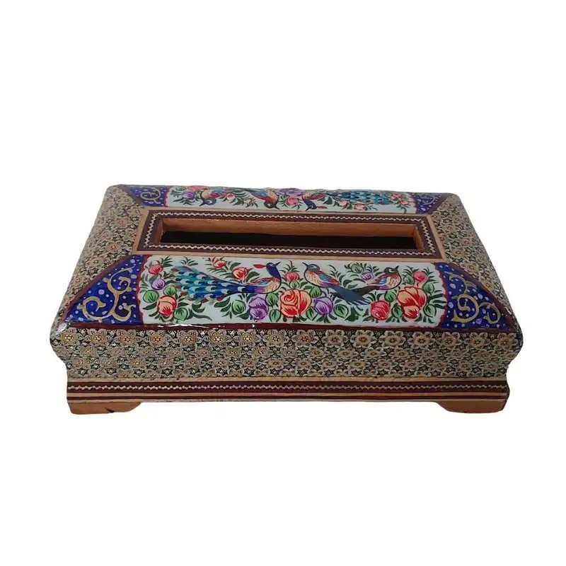 جعبه دستمال کاغذی خاتم کاری مدل گل و مرغ کد 023