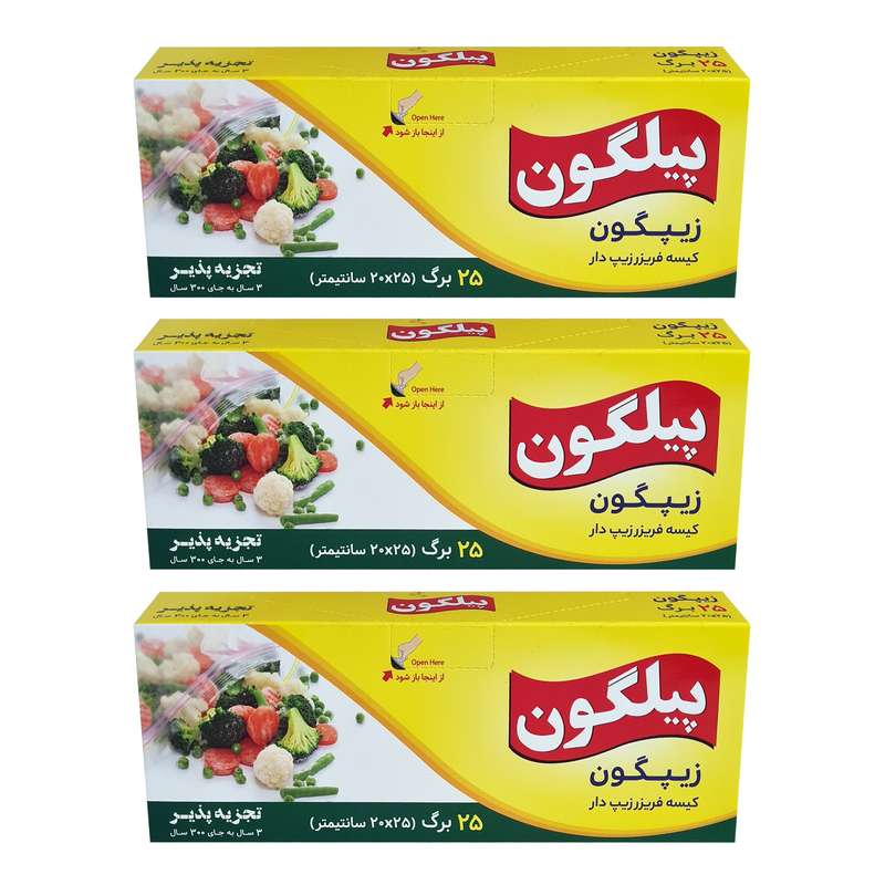 کیسه زیپ دار پیلگون مدل زیپدار زیپگون 25x20 سه بسته 25 عددی