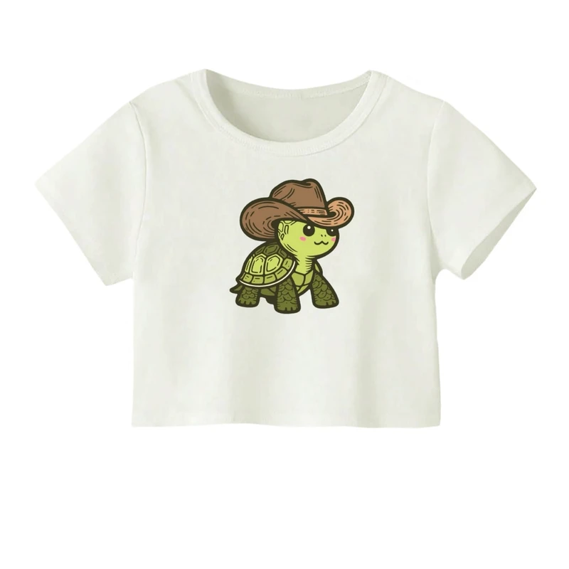 کراپ‌ تی‌شرت آستین کوتاه زنانه مدل لاک پشت کارتونی کد 01