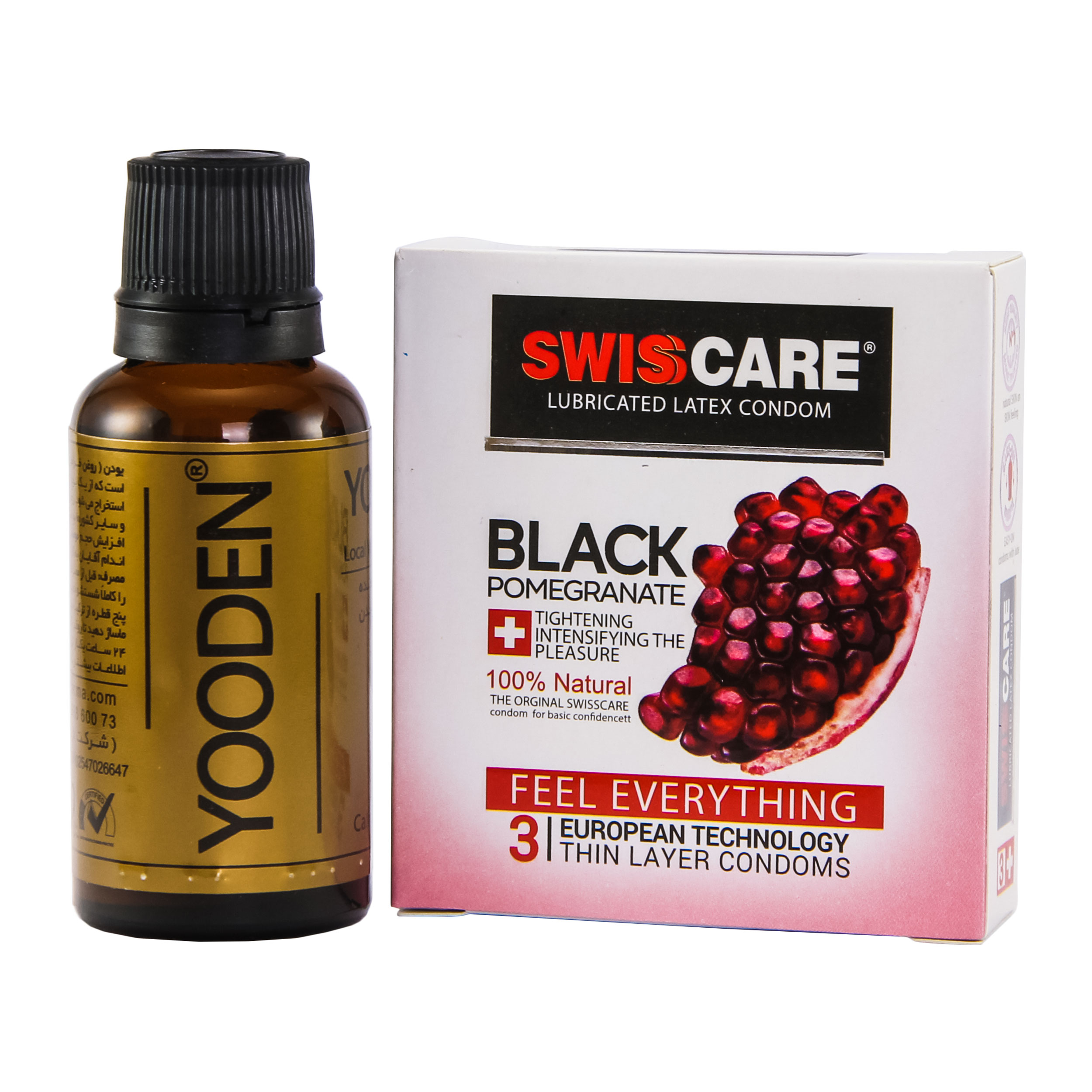 کاندوم سوئیس‌کر مدل Black Pomegrante بسته 3 عددی به همراه روغن یودن مدل AP 30 حجم 30 میلی لیتر