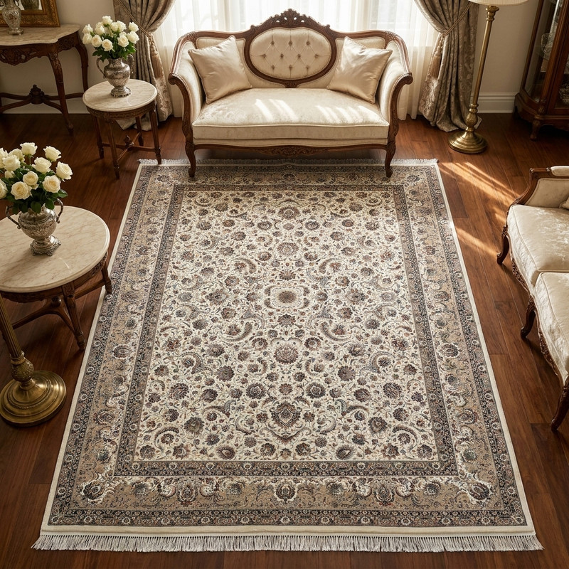 فرش ماشینی 1700 شانه مشهد زمینه کرم حاشیه بژ طرح افشان کد 817503