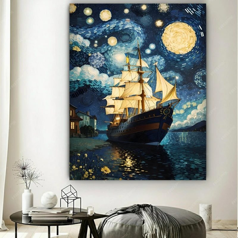 تابلو بوم طرح مخمل کشتی مدل شب پرستاره ونگوگ کد GR1345