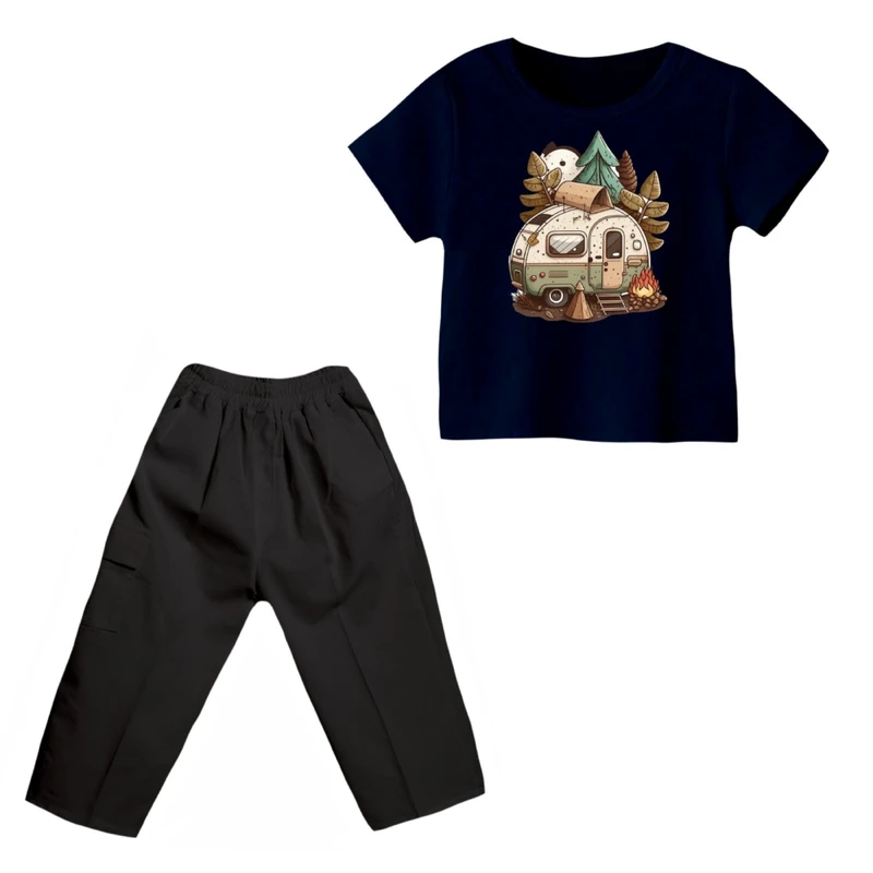 ست تی شرت و شلوارک پسرانه مدل کمپ رنگ سرمه ای