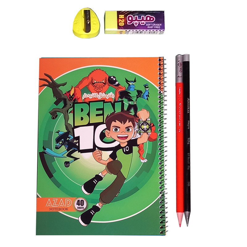 دفتر مشق 40 برگ آزاد مدل D0670 طرح حاشیه دار به همراه لوازم تحریر مجموعه 5 عددی