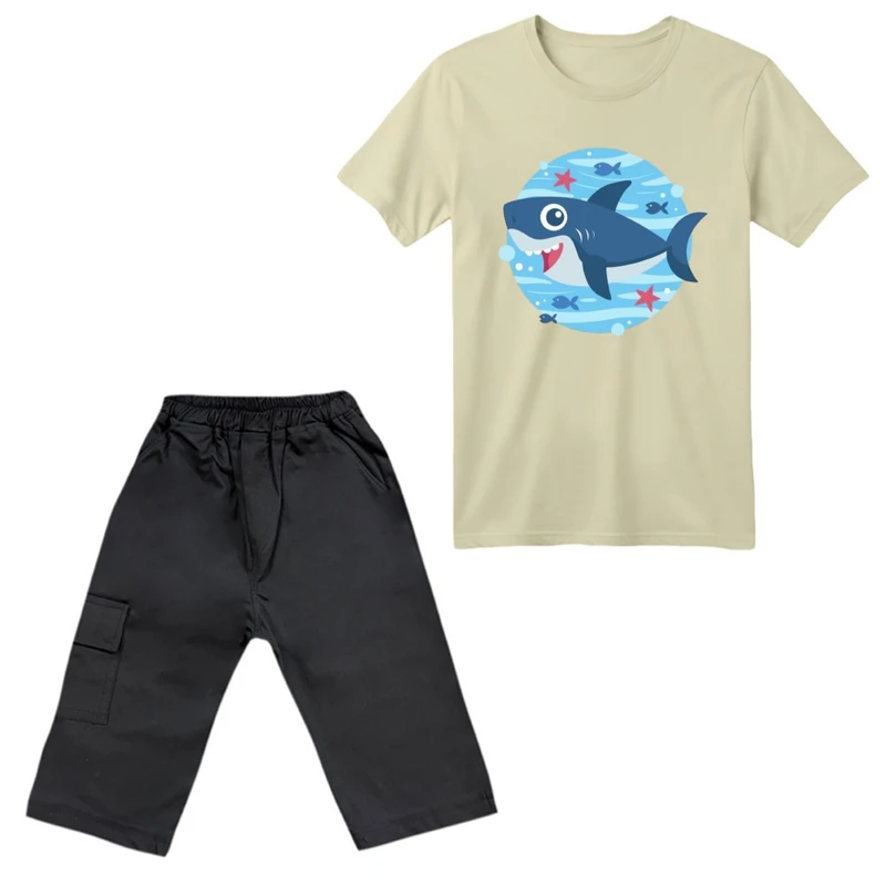 ست تی‌شرت آستین کوتاه و شلوارک پسرانه مدل کوسه کد ۱۱