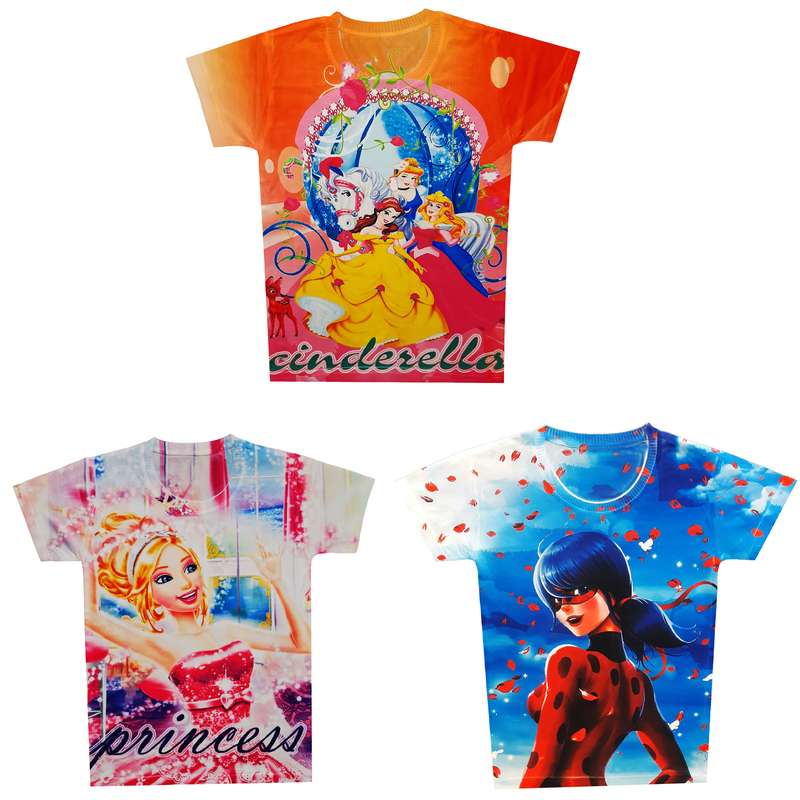 تی شرت دخترانه طرح دختر کفشدوزکی و سیندرلا و باربی کد H06 مجموعه 3 عددی