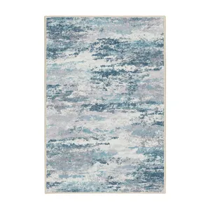 فرش ماشینی 1000 شانه زمینه کرم حاشیه آبی مدل نانو چاپ بدون پرز طرح مینیمال دلتا کد OR.1122.04