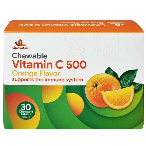 قرص جویدنی ویتامین ث 500 میلی گرم با طعم پرتقال ویتامین لایف بسته 30 عددی
