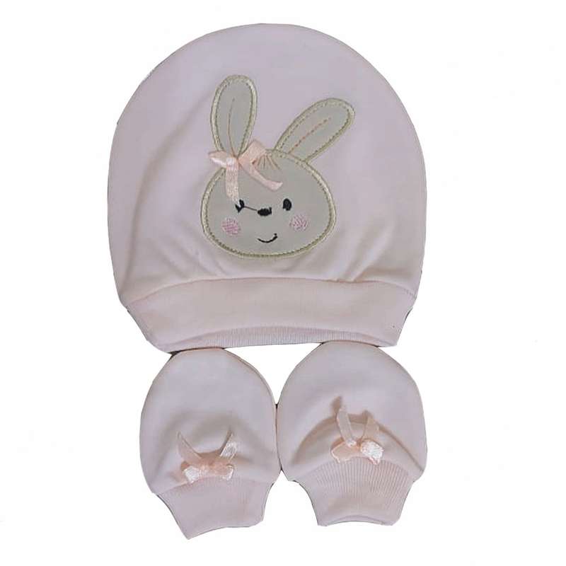 ست کلاه و دستکش نوزادی مدل خرگوش رنگ گلبهی