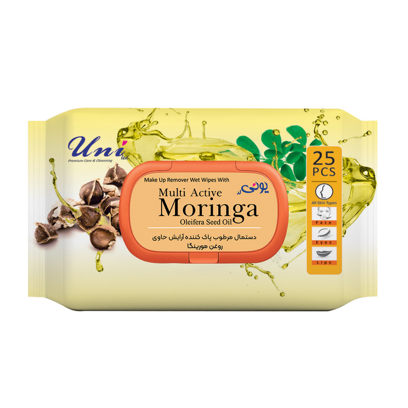 دستمال مرطوب یونی لد مدل پاک کننده آرایش روغن مورینگا بسته 25 عددی