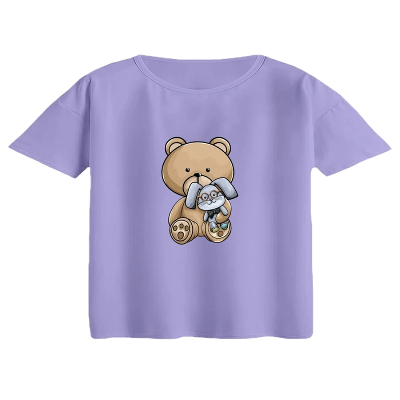 کراپ تی‌شرت آستین کوتاه زنانه مدل خرس و خرگوش