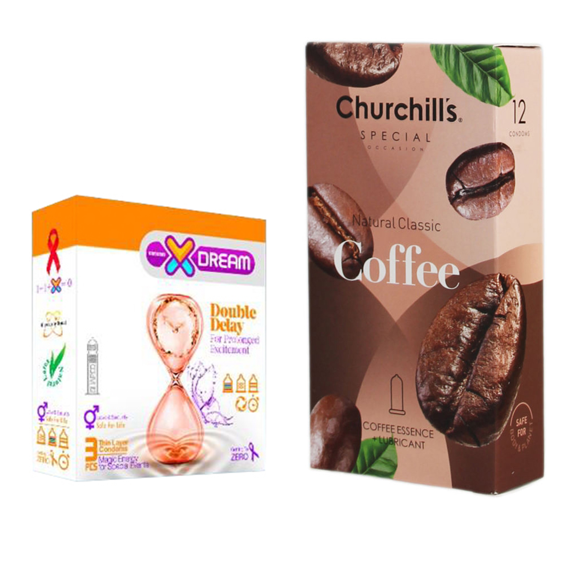 کاندوم چرچیلز مدل Coffee بسته 12 عددی به همراه کاندوم ایکس دریم مدل Double Delay بسته 3 عددی