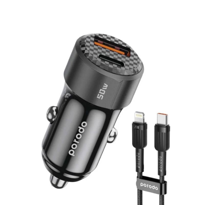 شارژر فندکی ۵۰ وات پرودو مدل dual port به همراه کابل لایتنینگ