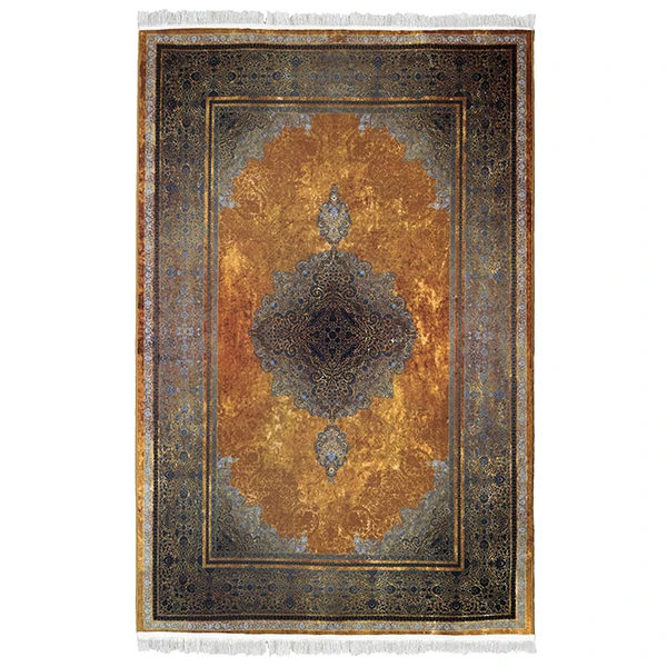 فرش ماشینی 1200 شانه فرش صرافیان زمینه نارنجی حاشیه مشکی مدل 3338