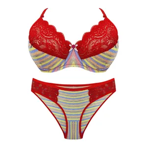 ست شورت و سوتین زنانه مدل دانتل راه راه رنگ قرمز