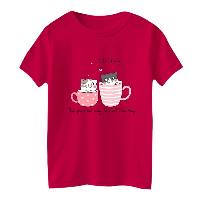 تی شرت آستین کوتاه یقه گرد بچگانه مدل گربه ها و فنجون