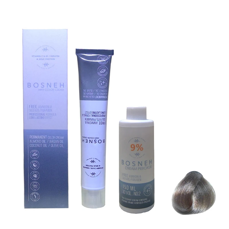 رنگ مو بوسنه مدل FREE AMMONIA شماره 7.32 حجم 100 میلی لیتر رنگ بلوند بژ دودی به همراه اکسیدان بوسنه مدل 30vol نه درصدی حجم 150 میلی لیتر