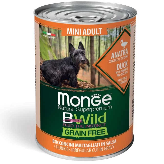 کنسرو سگ بالغ مونژه مدل Bwild Mini Adult با طعم اردک و کدوحلوایی و کدوسبز وزن 400 گرم