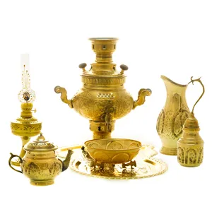 سرویس سماور ذغالی 7 پارچه برنجی مدل عدسی ترک دار کد 4599