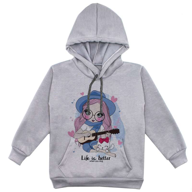 هودی دخترانه مدل دختر و گیتار F90 رنگ طوسی