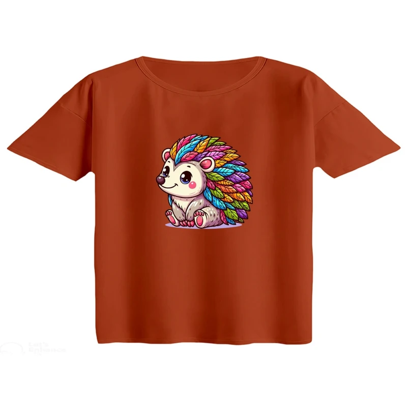 کراپ تی‌شرت آستین کوتاه زنانه مدل خارپشت رنگی کد 01 رنگ آجری تیره