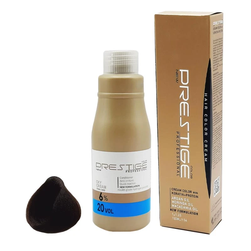 رنگ مو نیو پرستیژ کالر شماره 4.65 حجم 120 میلی لیتر رنگ قهوه ای فندقی متوسط به همراه اکسیدان مدل 1 شش درصدی حجم 150 میلی لیتر