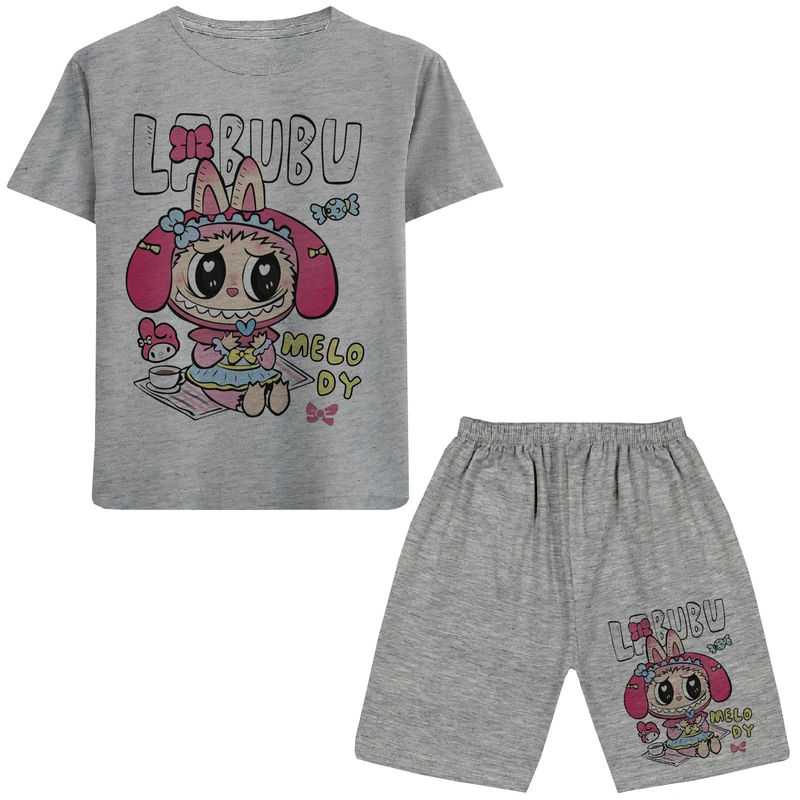 ست تی شرت آستین کوتاه و شلوارک راحتی دخترانه مدل A87 LABUBU