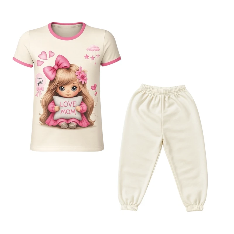 ست تی شرت آستین کوتاه و شلوارک دخترانه مدل پاپیون PJ1173 رنگ شیری