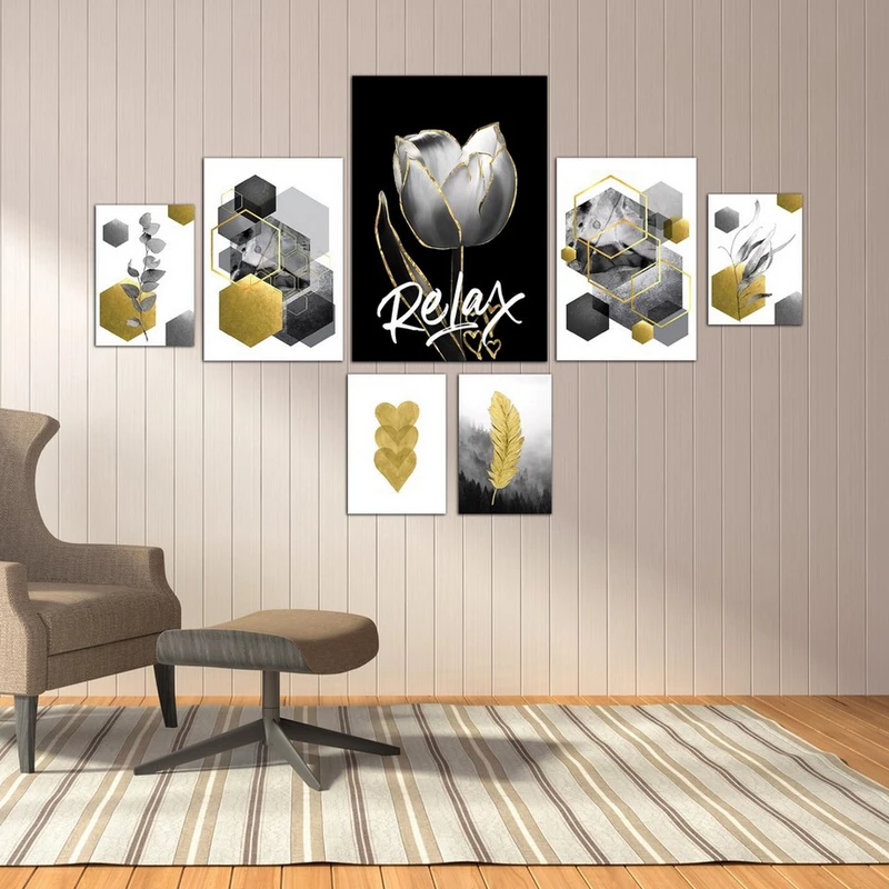 تابلو شاسی بکلیت طرح نقاشی هندسی و گل طلایی مدل SH-499 مجموعه 7 عددی