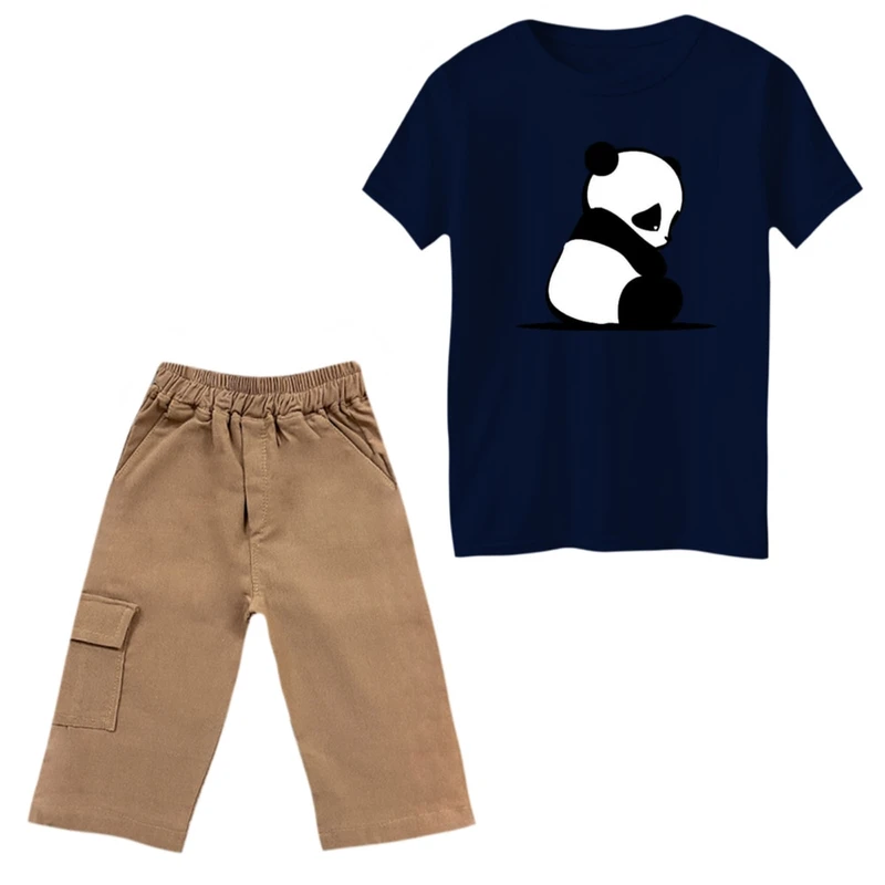 ست تی‌شرت و شلوارک پسرانه مدل پاندا نشسته رنگ سورمه ای