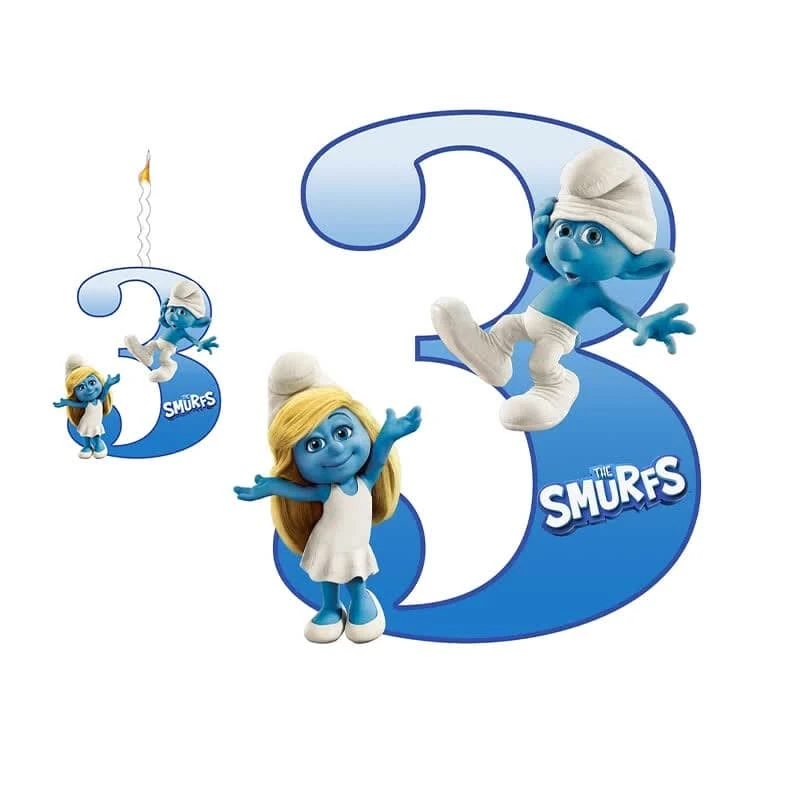   استند رومیزی تولد مدل عدد 3 طرح اسمارف ها به همراه شمع مجموعه دوعددی