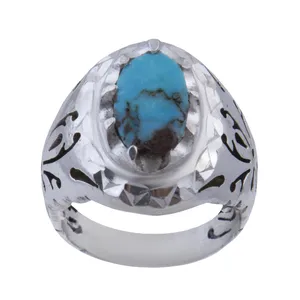 انگشتر نقره مردانه بازرگانی میلادی مدل فیروزه نیشابور طبیعی رکاب دستساز کد AM_150