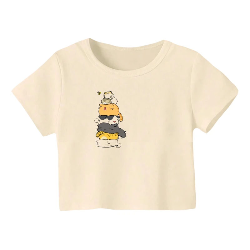 کراپ‌ تی‌شرت آستین کوتاه زنانه مدل گربه کد 5