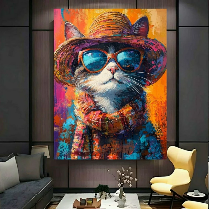 پوستر پارچه ای طرح مخمل نقاشی گربه مدل عینک آفتابی کد BK24817