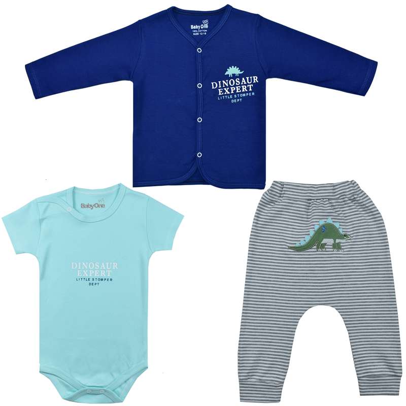 ست 3 تکه لباس نوزادی بی بی وان مدل دایناسور رنگ آبی
