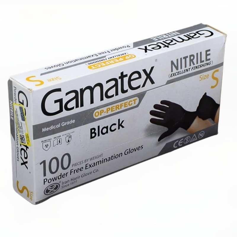 دستکش نیتریل غیر پودری حریر مدل BLACK GAMATEX سایز کوچک (S) بسته 100 عددی دستکش نیتریل غیر پودری حریر مدل BLACK GAMATEX سایز کوچک (S) بسته 100 عددی
