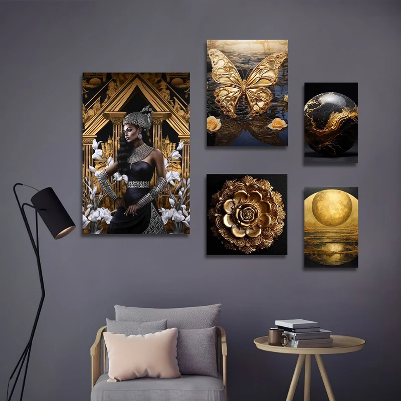 تابلو شاسی بکلیت طرح گرافیکی گوی و گل طلایی مدل SH-1285 مجموعه 5 عددی